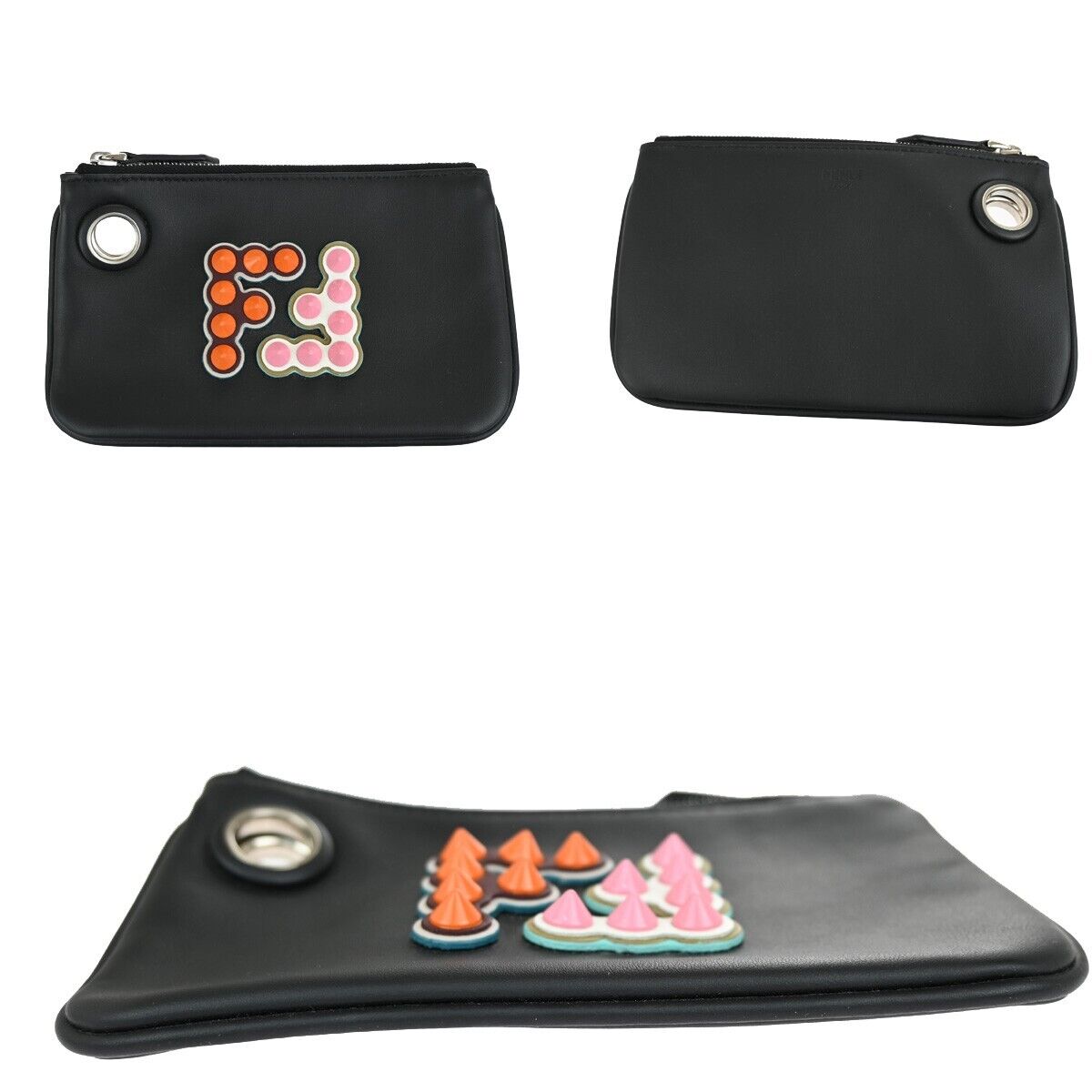 FENDI FF Logo Triplette Pouch Studs Leather Black Orange Pink Italy 35YE400