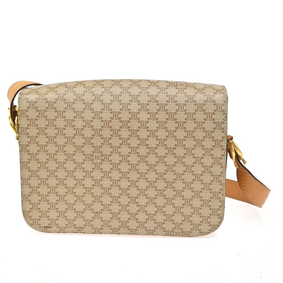 CELINE Logo Horse Carriage Macadam Shoulder Bag PVC Leather Beige GHW 30KC949