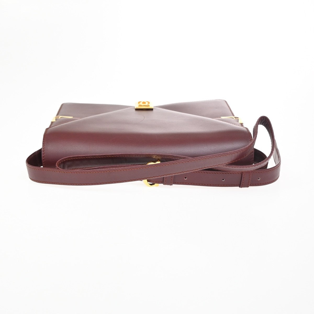 MUST DE CARTIER 2C Logo Two Flap Shoulder Bag Leather Bordeaux GHW Spain 37ZA278