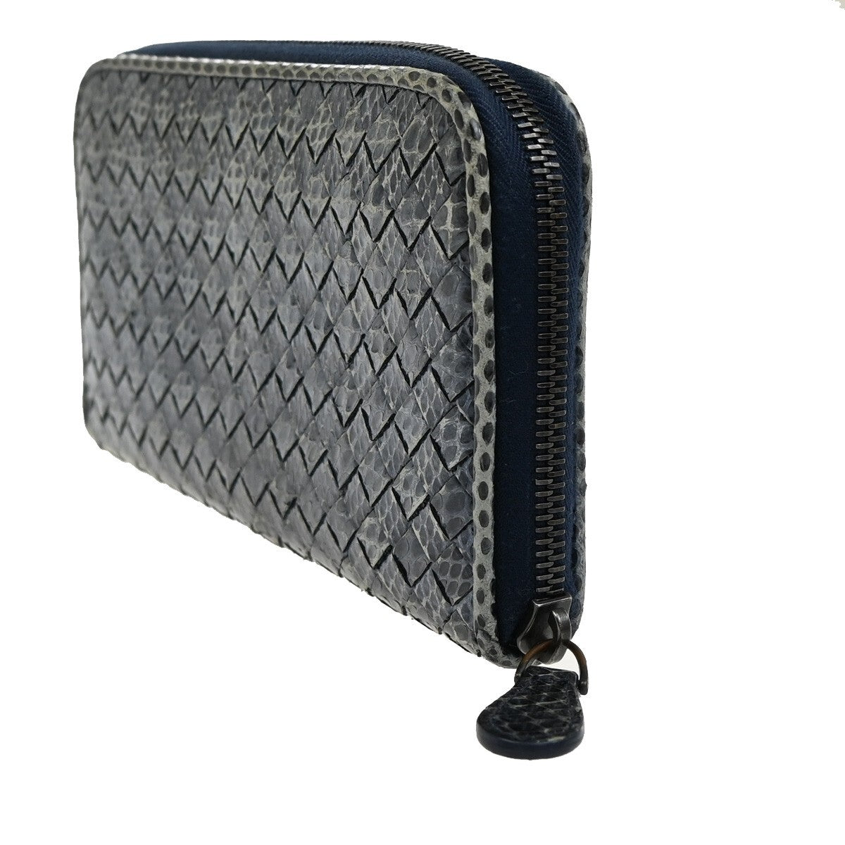 BOTTEGA VENETA Intrecciato Zip Around Long Wallet Embossing Leather Blue 69EE297