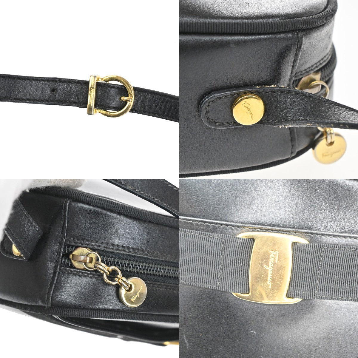 SALVATORE FERRAGAMO Vara Shoulder Bag Canvas Leather Black Gold 69TA430