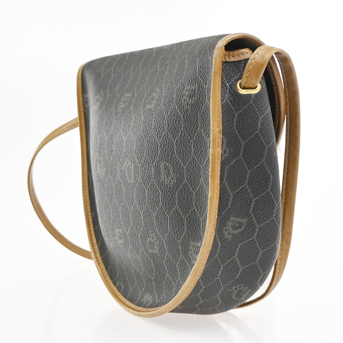 CHRISTIAN DIOR Logo Honeycomb Shoulder Bag PVC Leather BK BN GHW France 38YH902