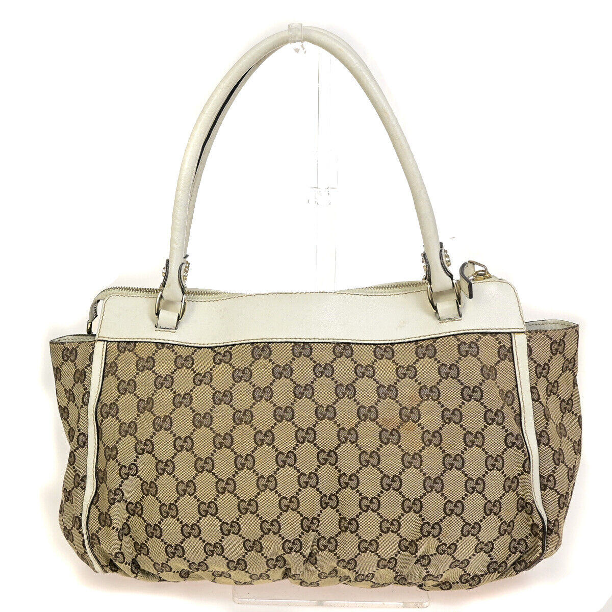 GUCCI Logo Abbey GG Pattern Shoulder Bag Canvas Leather Brown White GHW 66YG263