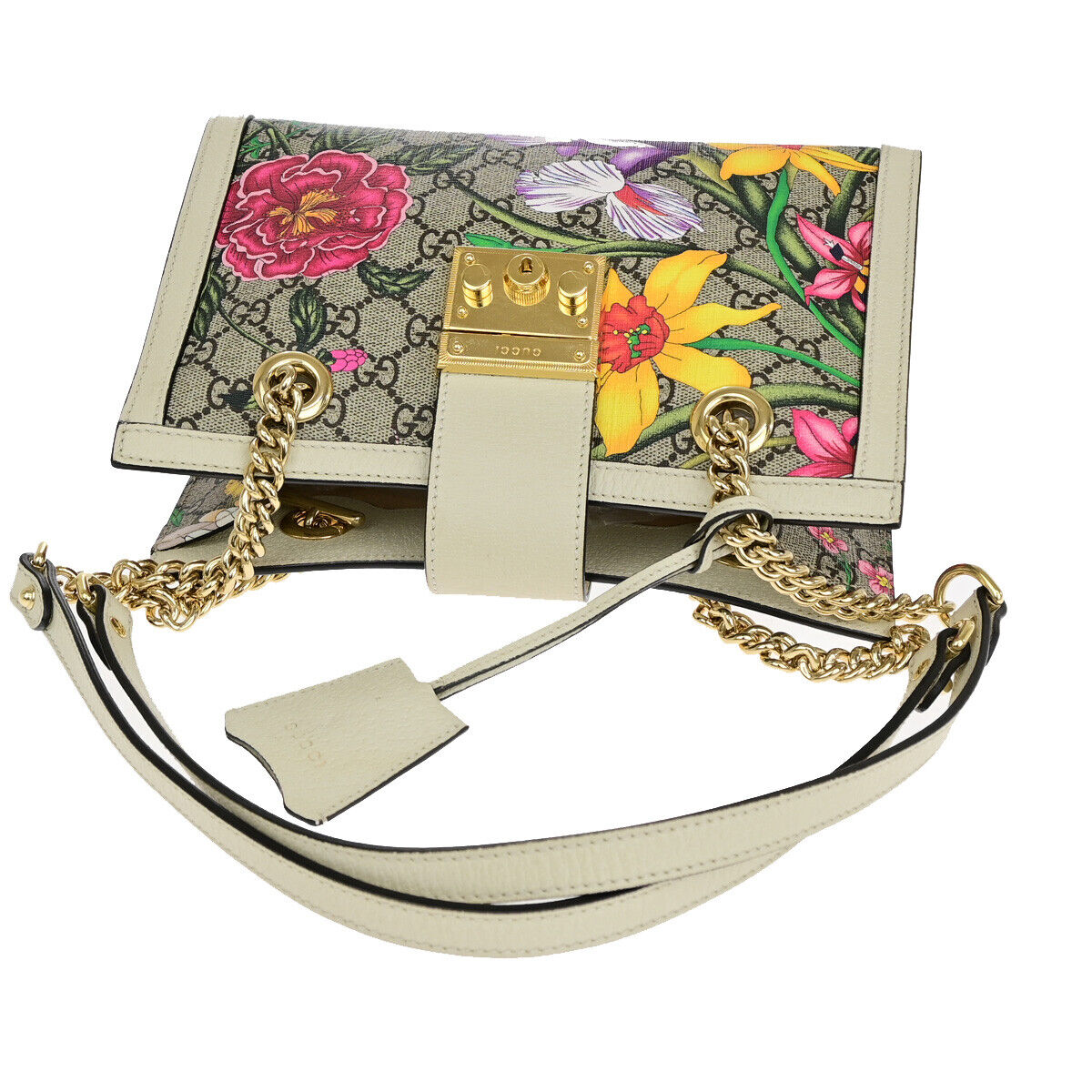 GUCCI Padlock GG Supreme Flora Shoulder Bag PVC Leather WE BN Italy 29SJ246