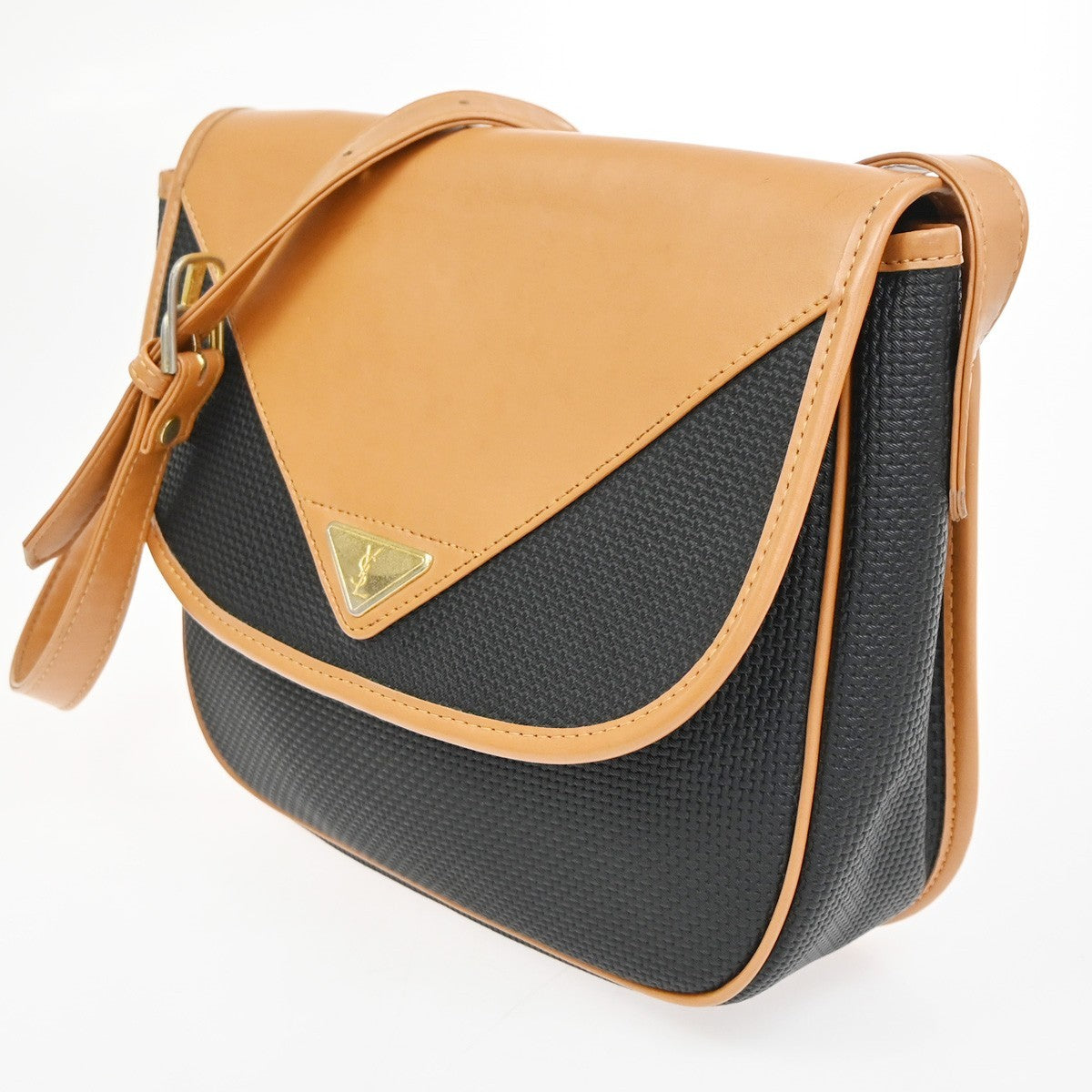 YVES SAINT LAURENT YSL Logo Shoulder Bag PVC Leather Black Brown GHW 63CA789