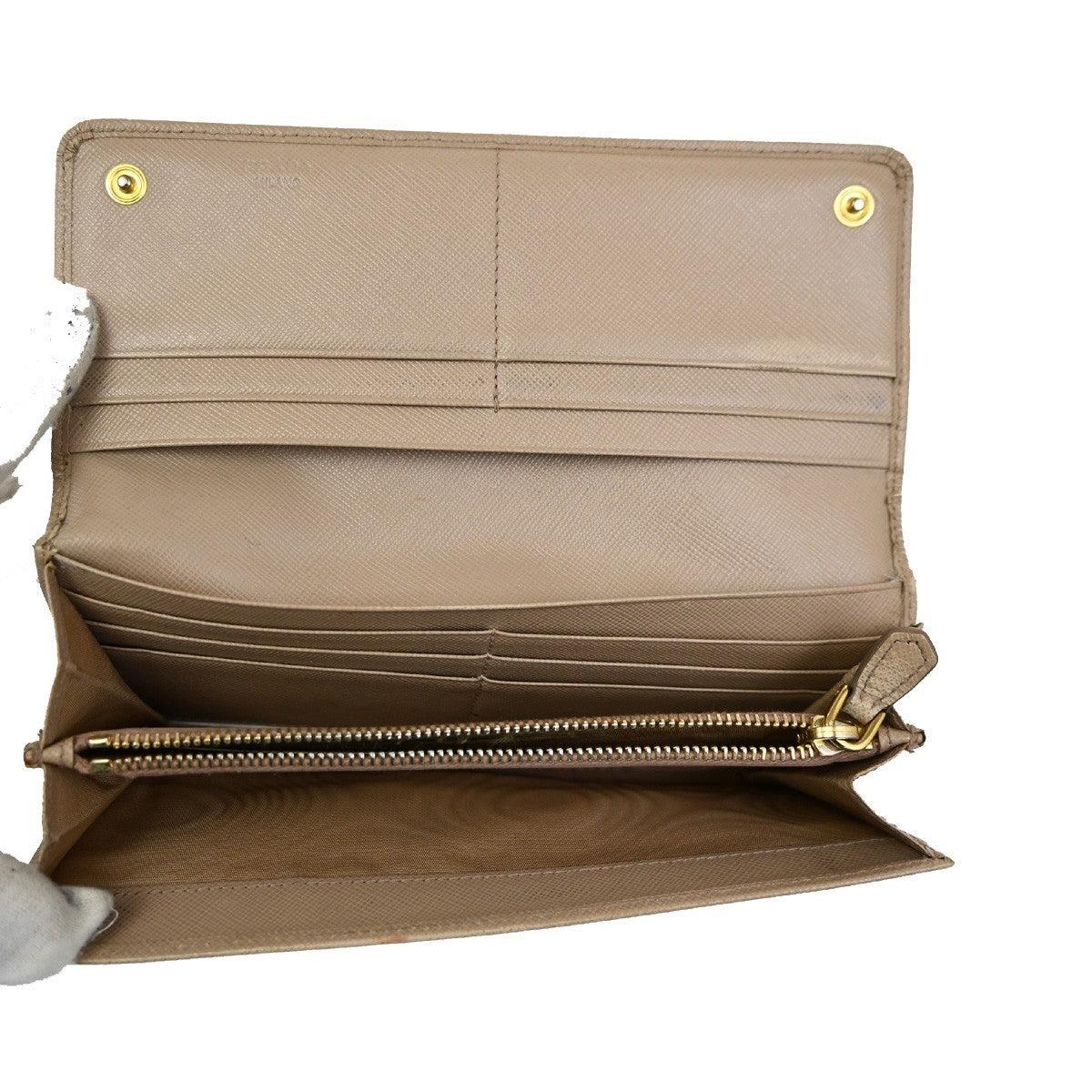 PRADA Logo Long Bi-Fold Wallet Saffiano Leather Beige Gold Italy 01TA298