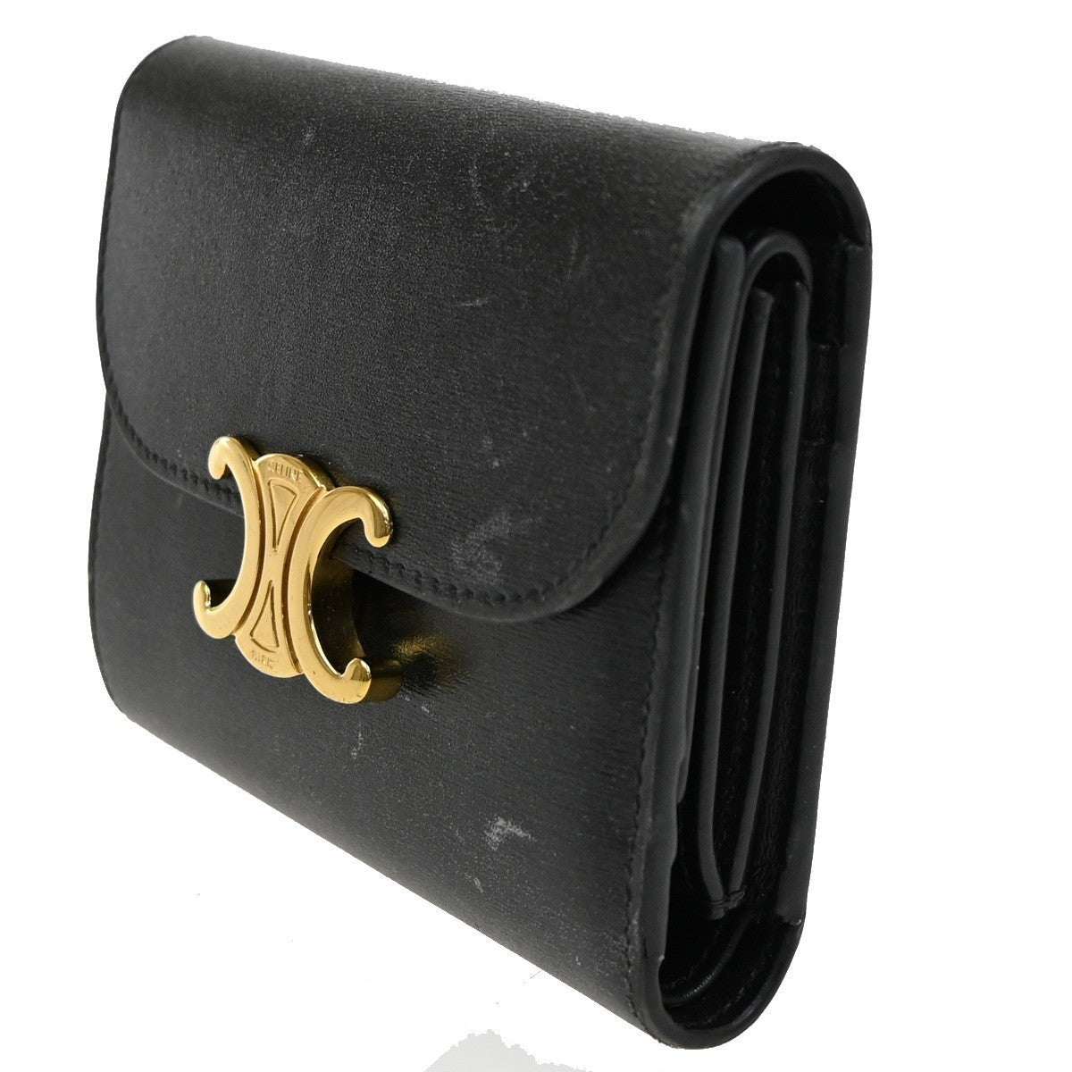 CELINE Triomphe Small Trifold Wallet Purse Leather Black GHW 31TA346