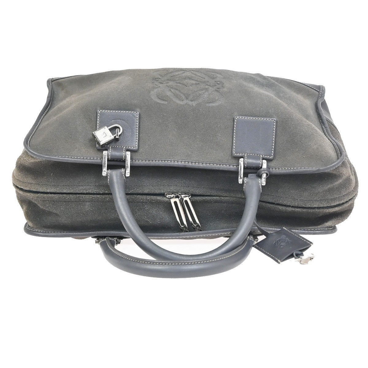 LOEWE Anagram Amazona Boston Hand Bag Suede Leather Dark Gray Spain 83KC758