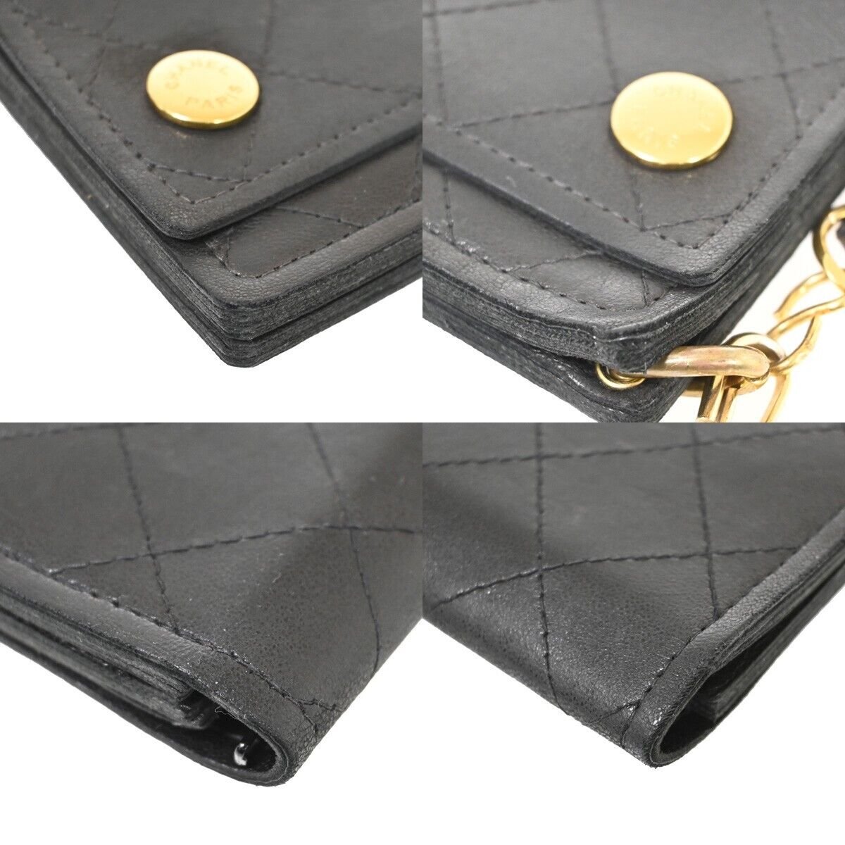 CHANEL CC Logo chain Matelasse Bifold Wallet Purse Leather Black France 79RF104