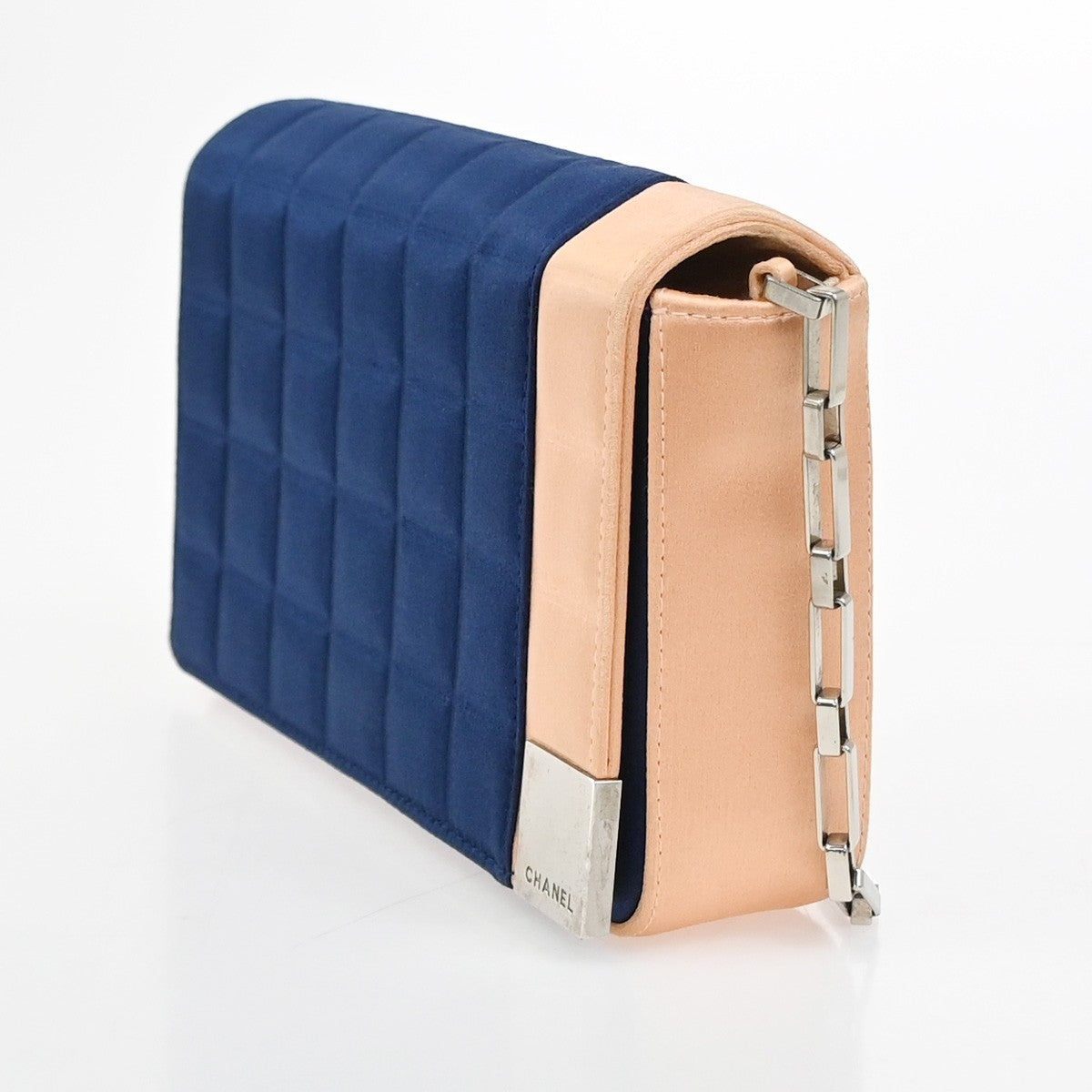 CHANEL Chocolate Bar Chain Shoulder Bag Satin Leather Blue SHW Italy 50RQ027