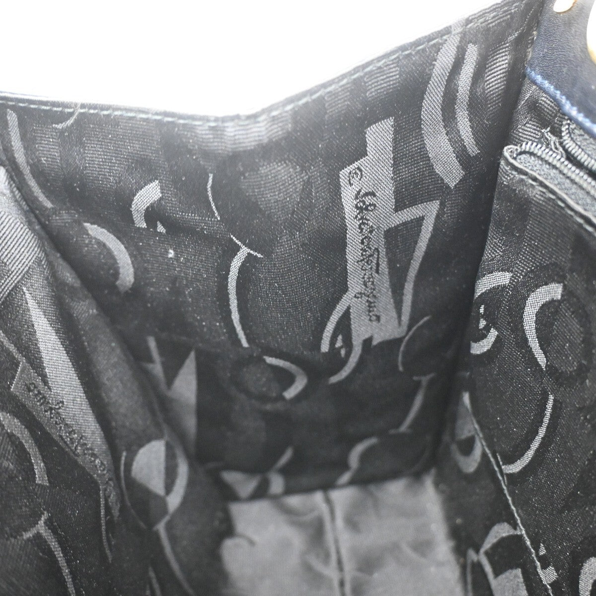 SALVATORE FERRAGAMO LOGO Vara 2Way Hand Bag Leather Canvas Navy Blue 65YH406