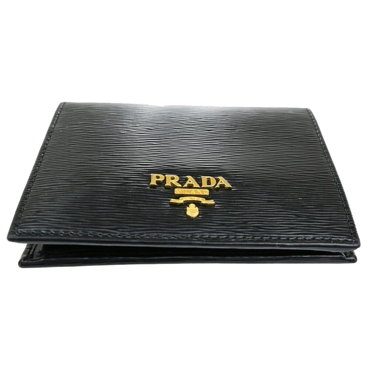 PRADA MILANO Logo Bifold Compact Wallet Vitello Move Leather Black Gold 61ED448