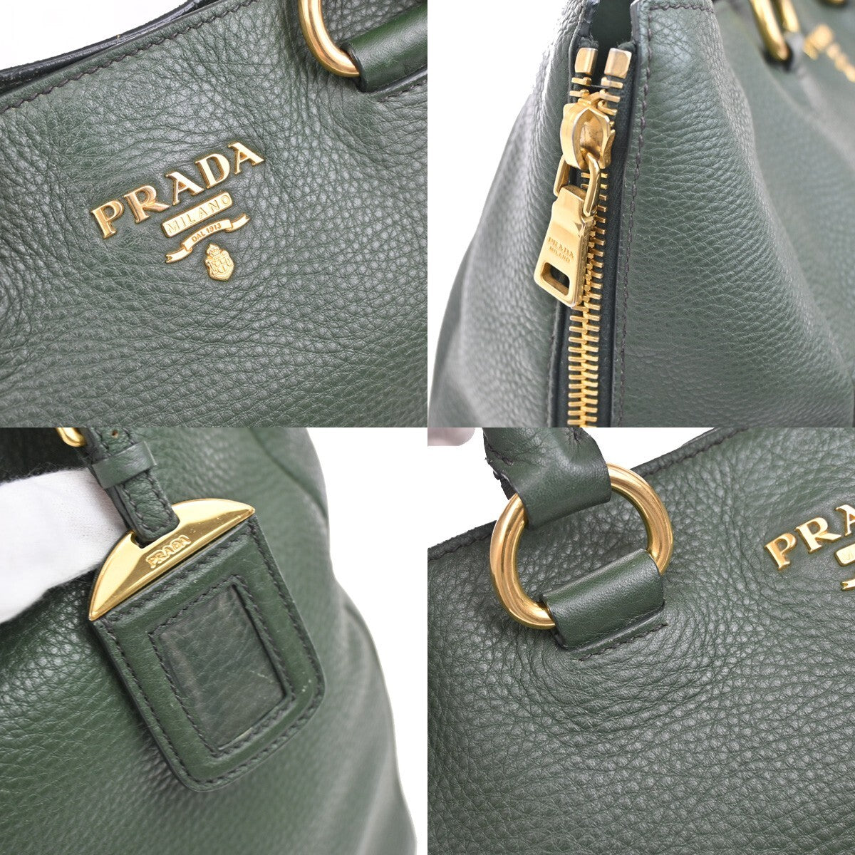 PRADA Logo Shoulder Hand Tote Bag Vitello Daino Leather Green GHW 12FB715