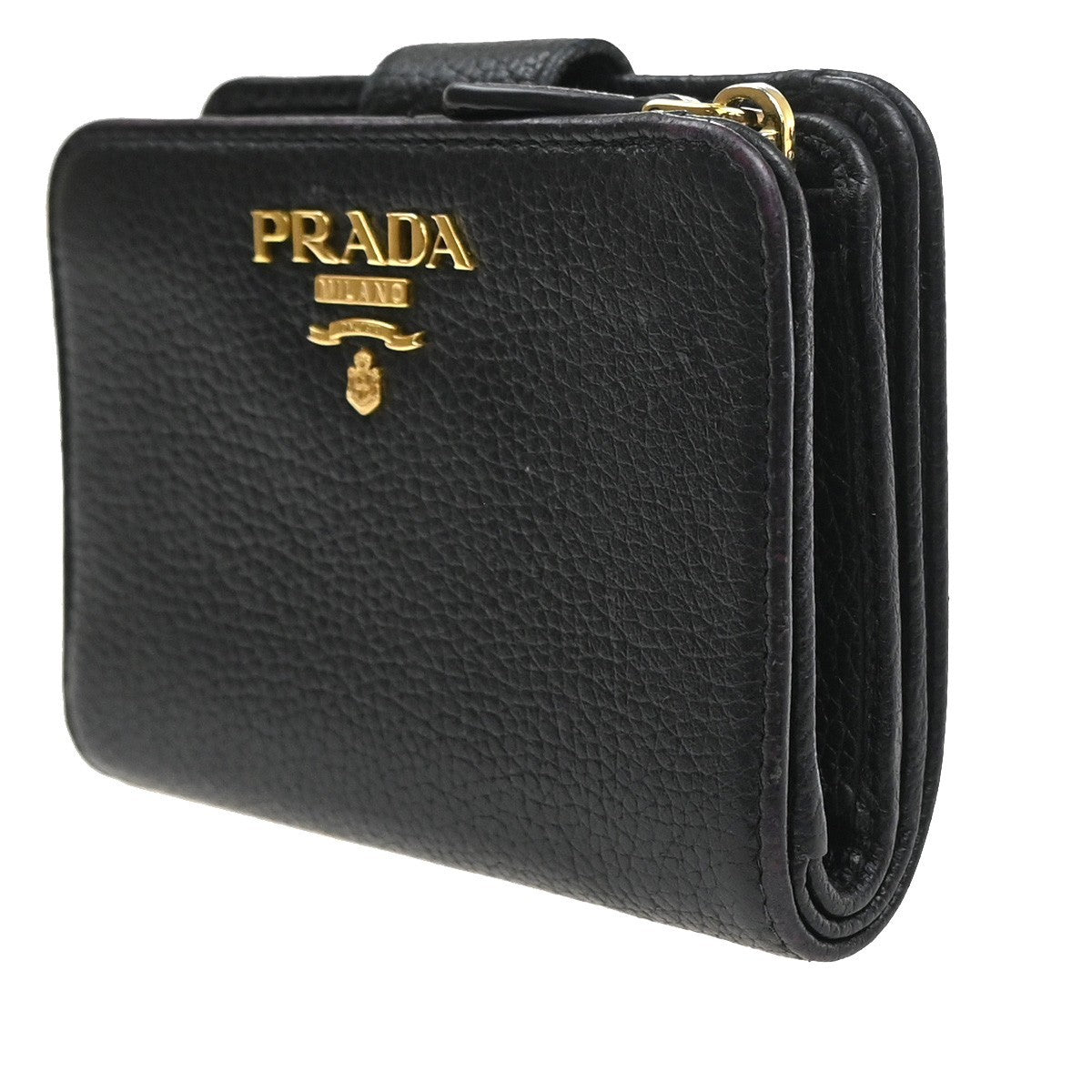 PRADA Logo Bifold Compact Wallet Purse Vitello Leather Black GHW Italy 65YJ111