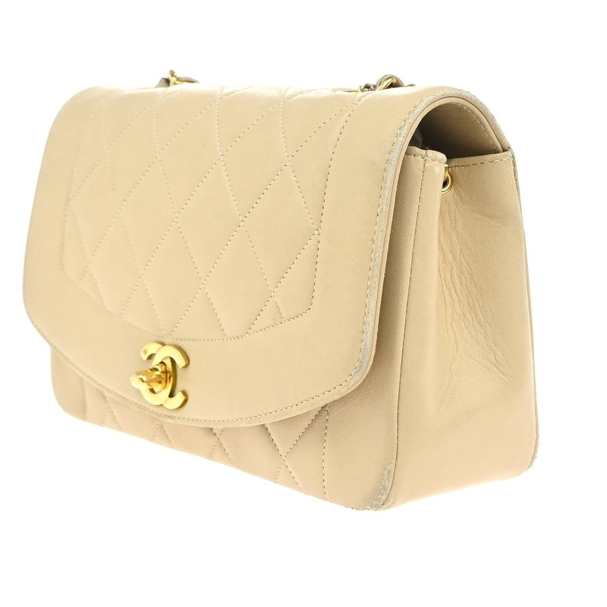 CHANEL CC Diana Matelasse 22 Chain Shoulder Bag Leather Beige Vintage 397RF995
