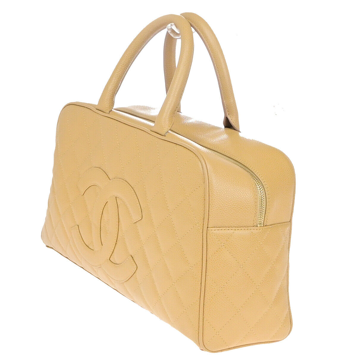 CHANEL CC Logo Matelasse Travel Hand Bag Caviar Skin Leather Beige GHW 307RJ952