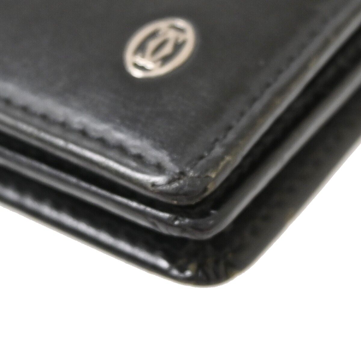 CARTIER 2C Logo Bifold Wallet Purse Leather Black Silver Made in France 07FA043