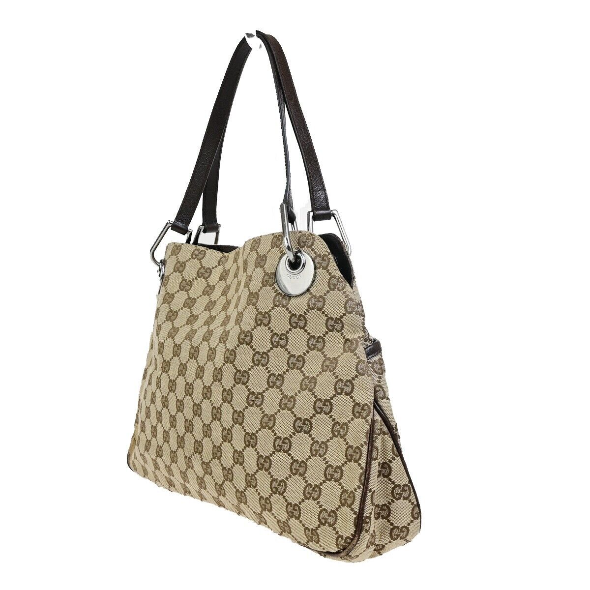 GUCCI Logo GG Pattern Shoulder Tote Bag Canvas Leather Brown SHW Italy 67EC877
