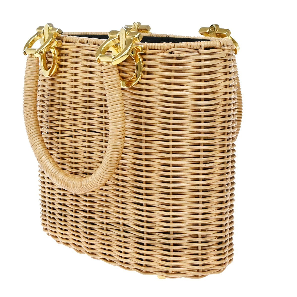 SALVATORE FERRAGAMO Logo Gancini Basket Hand Bag Rattan Brown GHW 28RP146