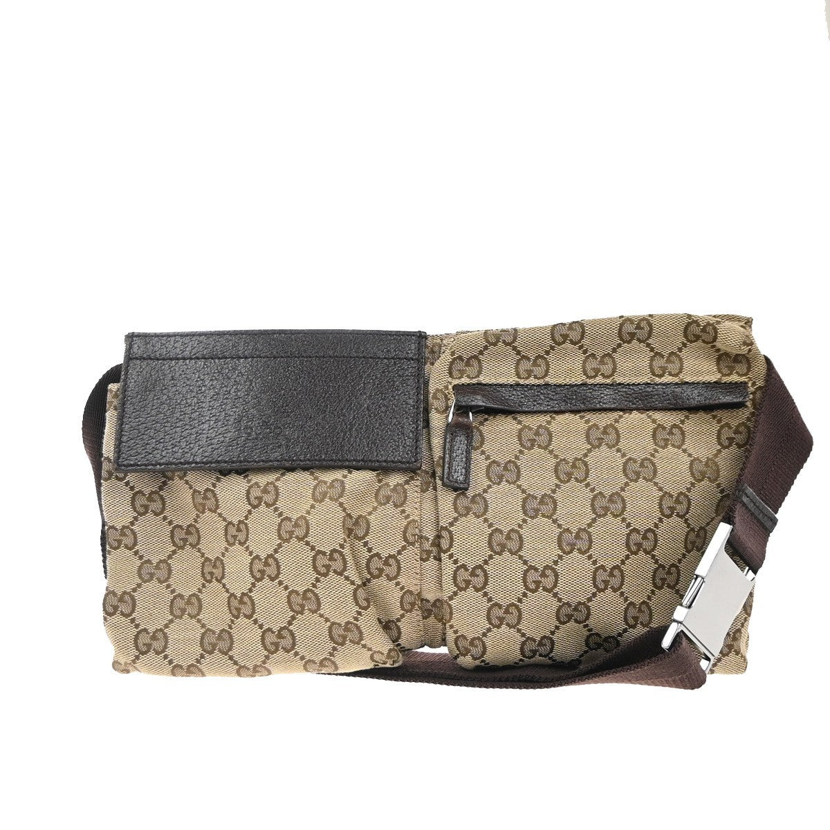GUCCI GG Logo Double Pocket Bum Bag Canvas Leather Brown SHW Italy 85EG285