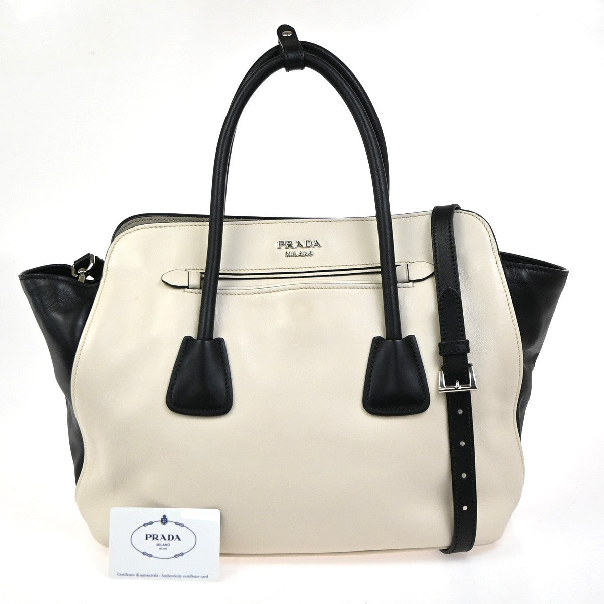 PRADA City Calf Bicolor 2Way Shoulder Tote Hand Bag Leather Black White 34KC748
