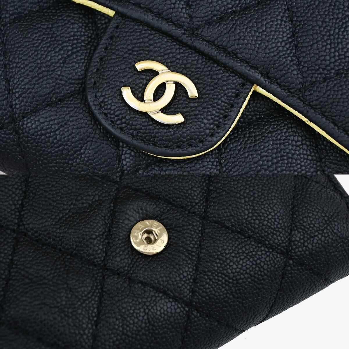 CHANEL CC Logo Matelasse Trifold Compact Wallet Leather Black Yellow 82RK415