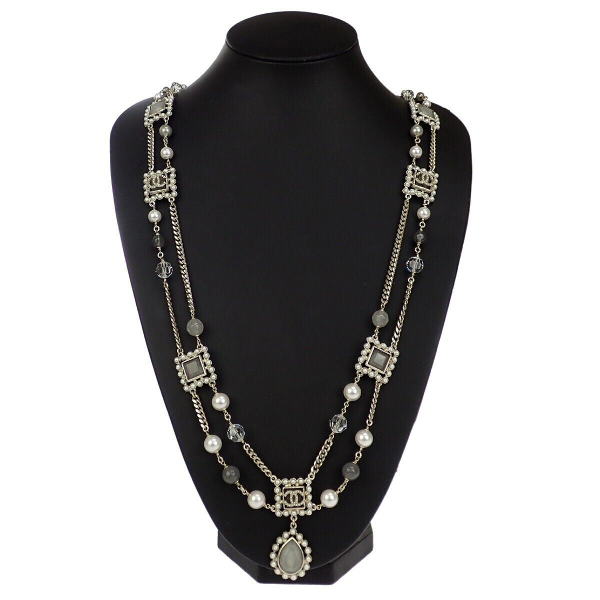CHANEL CC Imitation Pearl Chain Long Necklace Color Stone G21V Gold 685LC023