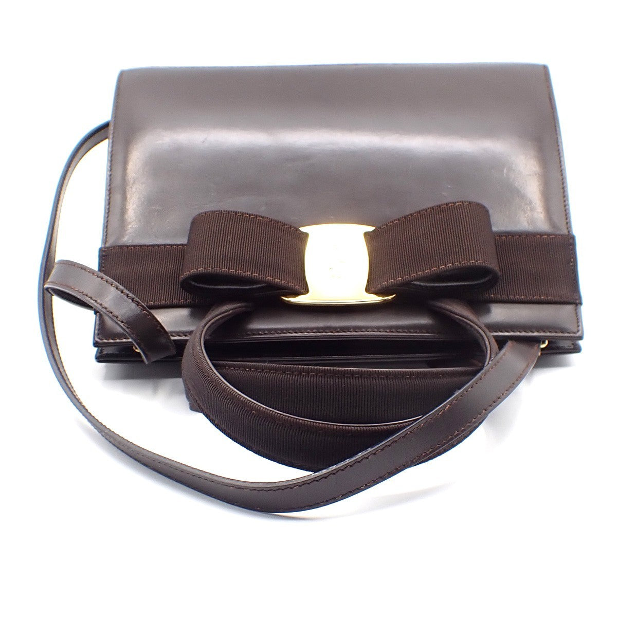 SALVATORE FERRAGAMO Logo Vara 2Way Hand Bag Canvas Leather Brown Gold 33AA167