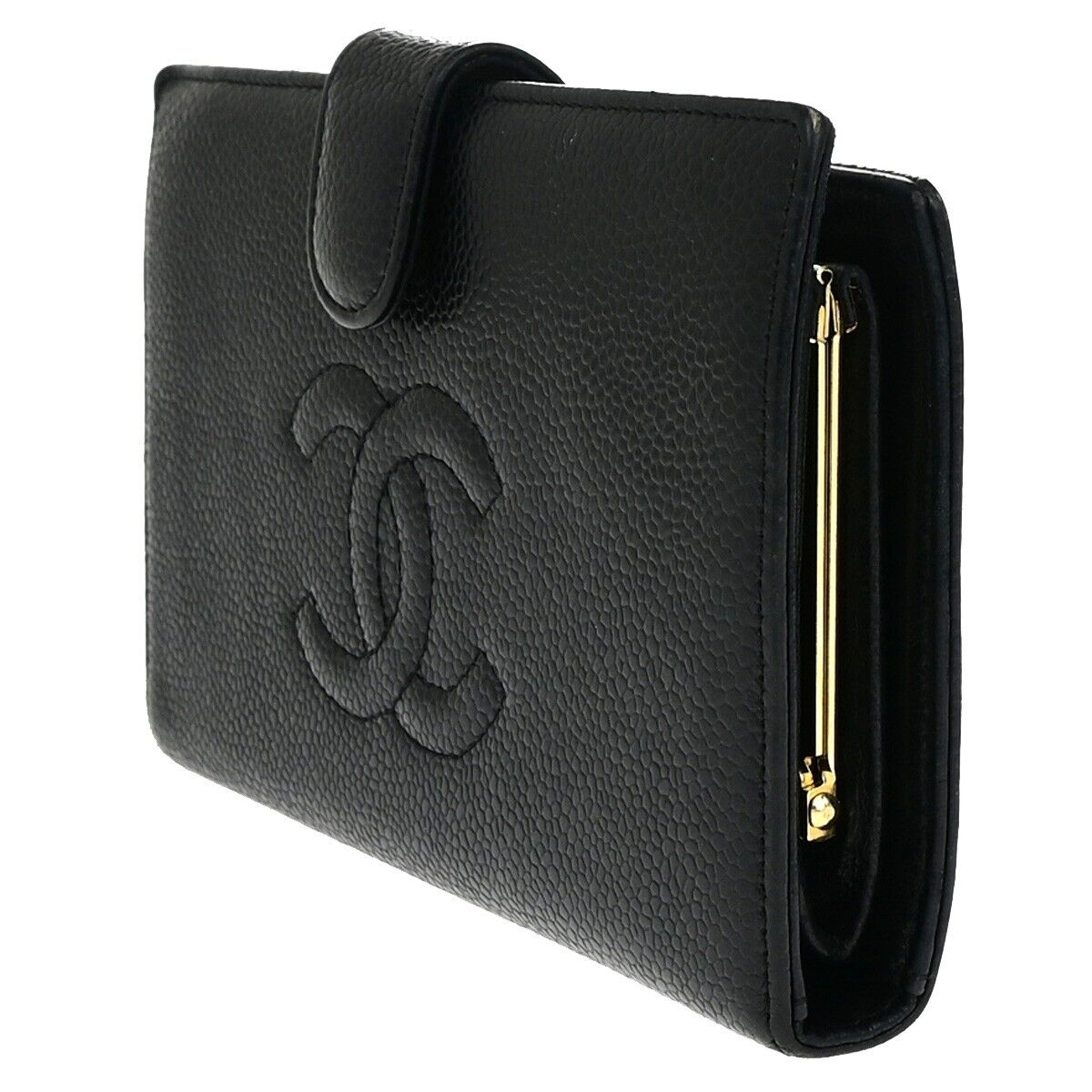 CHANEL CC Logo Long Bifold Wallet Purse Caviar Skin Leather Black GHW 33EB273