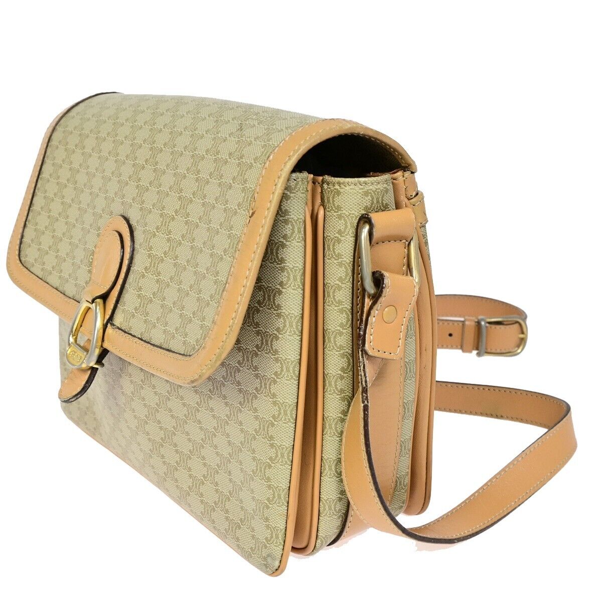 CELINE Logo Macadam Pattern Shoulder Bag PVC Leather Beige Italy 68EB396