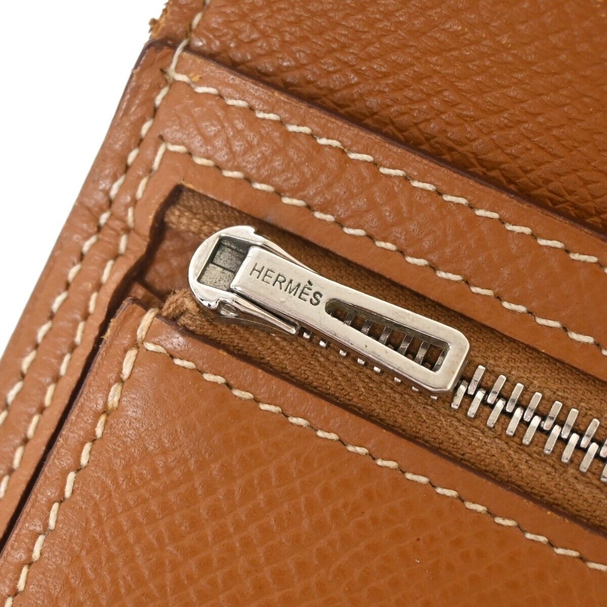 HERMES Logo Bearn Long Trifold Wallet Purse Chevre Leather Brown France 36GA820