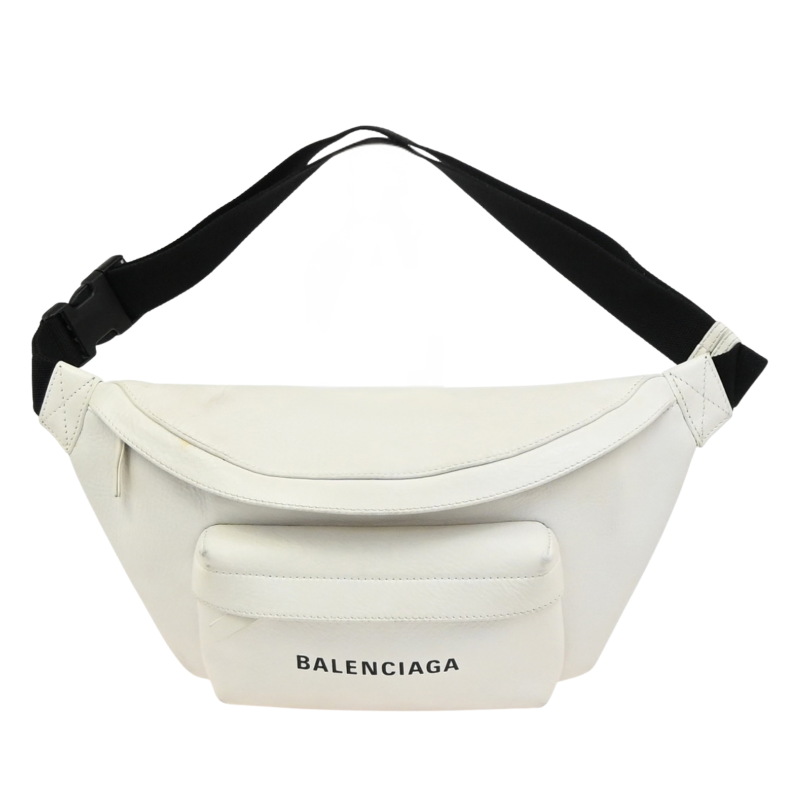 BALENCIAGA Logo Everyday Belt Body Bag Leather White Black SHW Italy 87KC637