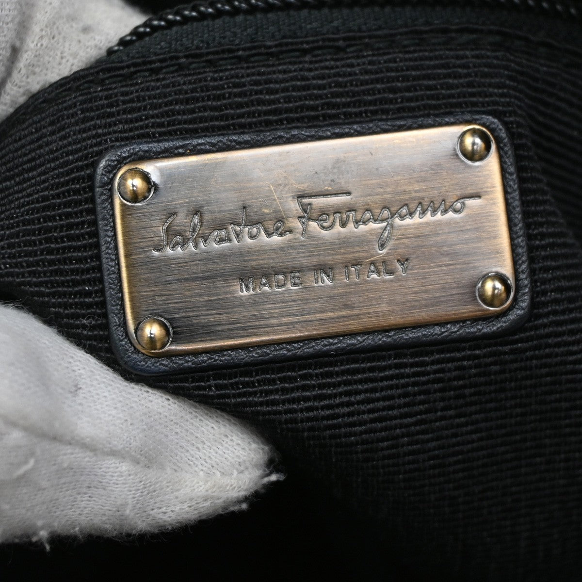 SALVATORE FERRAGAMO Vara Ribbon Handbag Nylon Leather Black Italy 68KC071