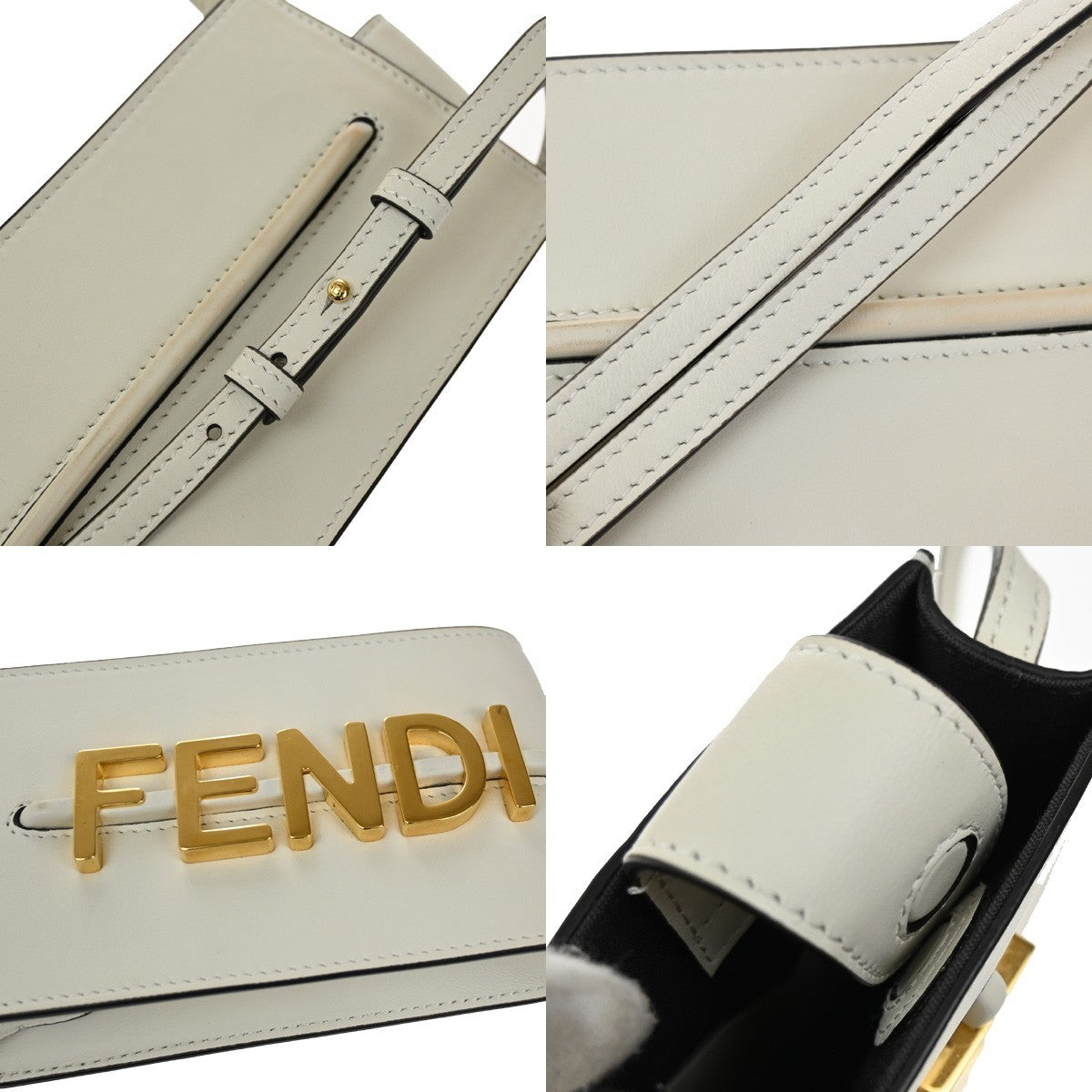 FENDI Logo Mini Shoulder Bag Leather White GHW Made in Italy 77KB364