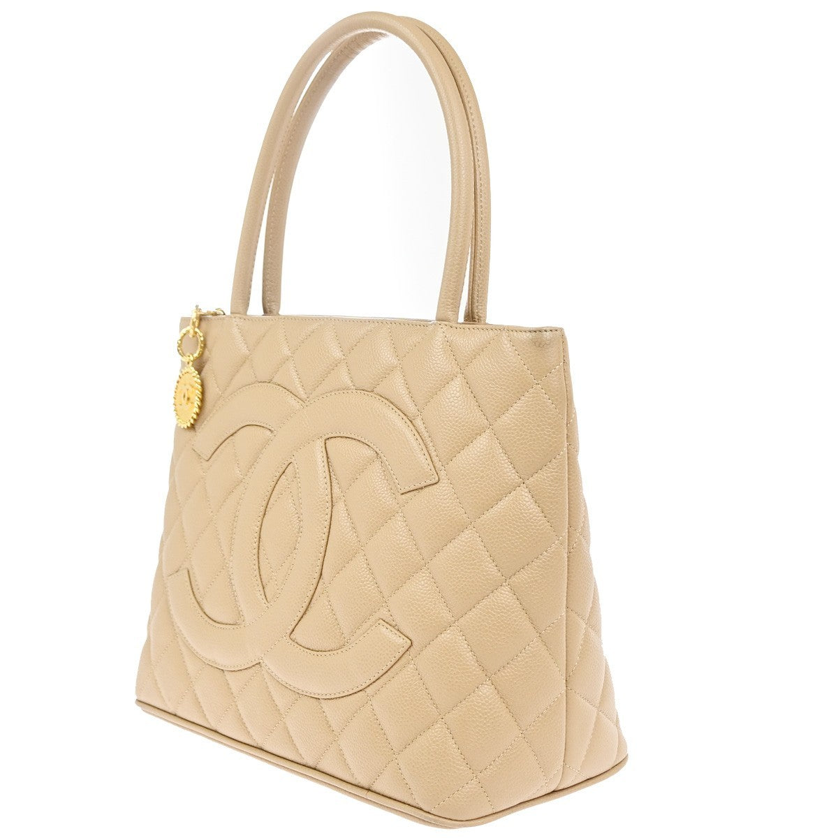 CHANEL Medallion Matelasse Shoulder Bag Grained Calfskin Leather Beige 307RP029