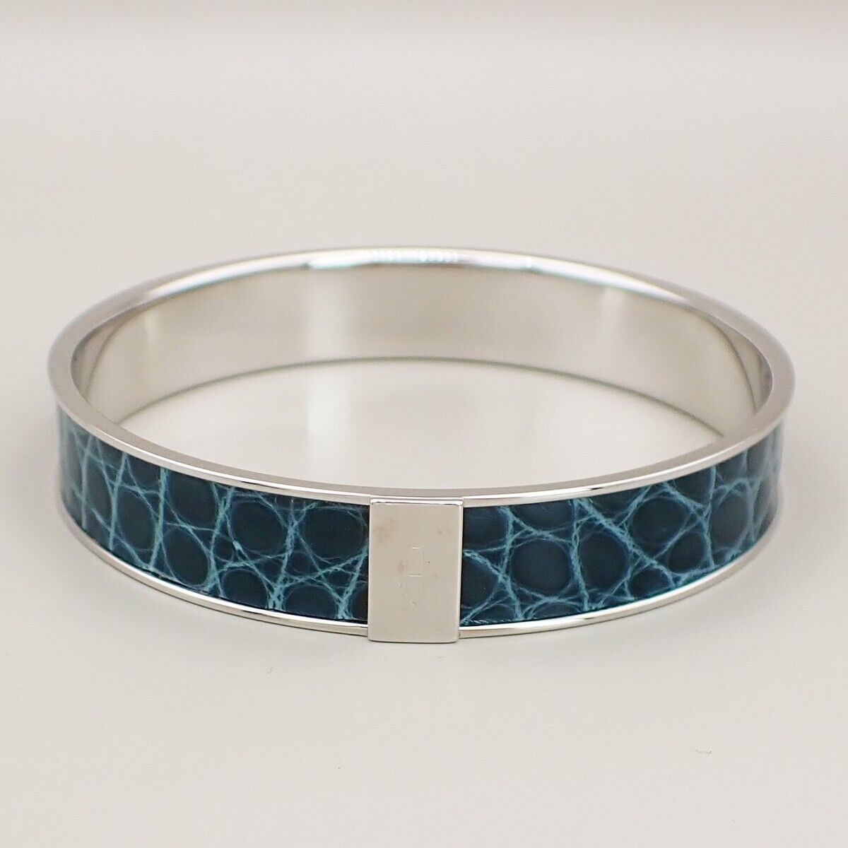 HERMES Logo Bangle Bracelet #S Exotic Leather Blue Silver 32KA475
