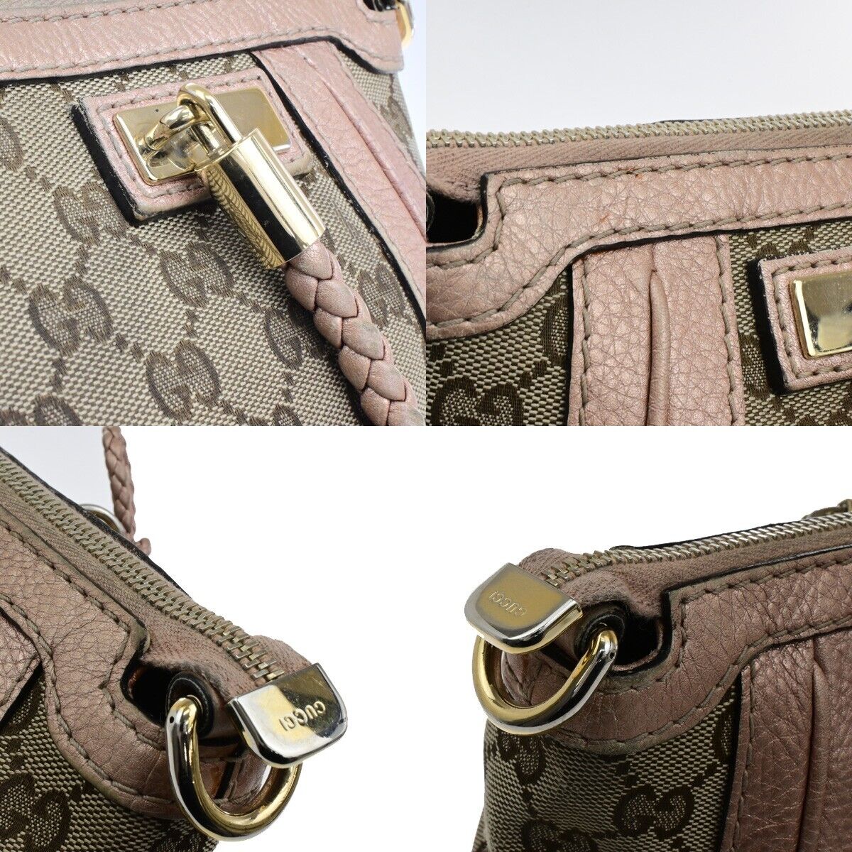 GUCCI Logo GG Pattern Shoulder Tote Bag Bamboo Canvas Leather Brown Pink 30EE118