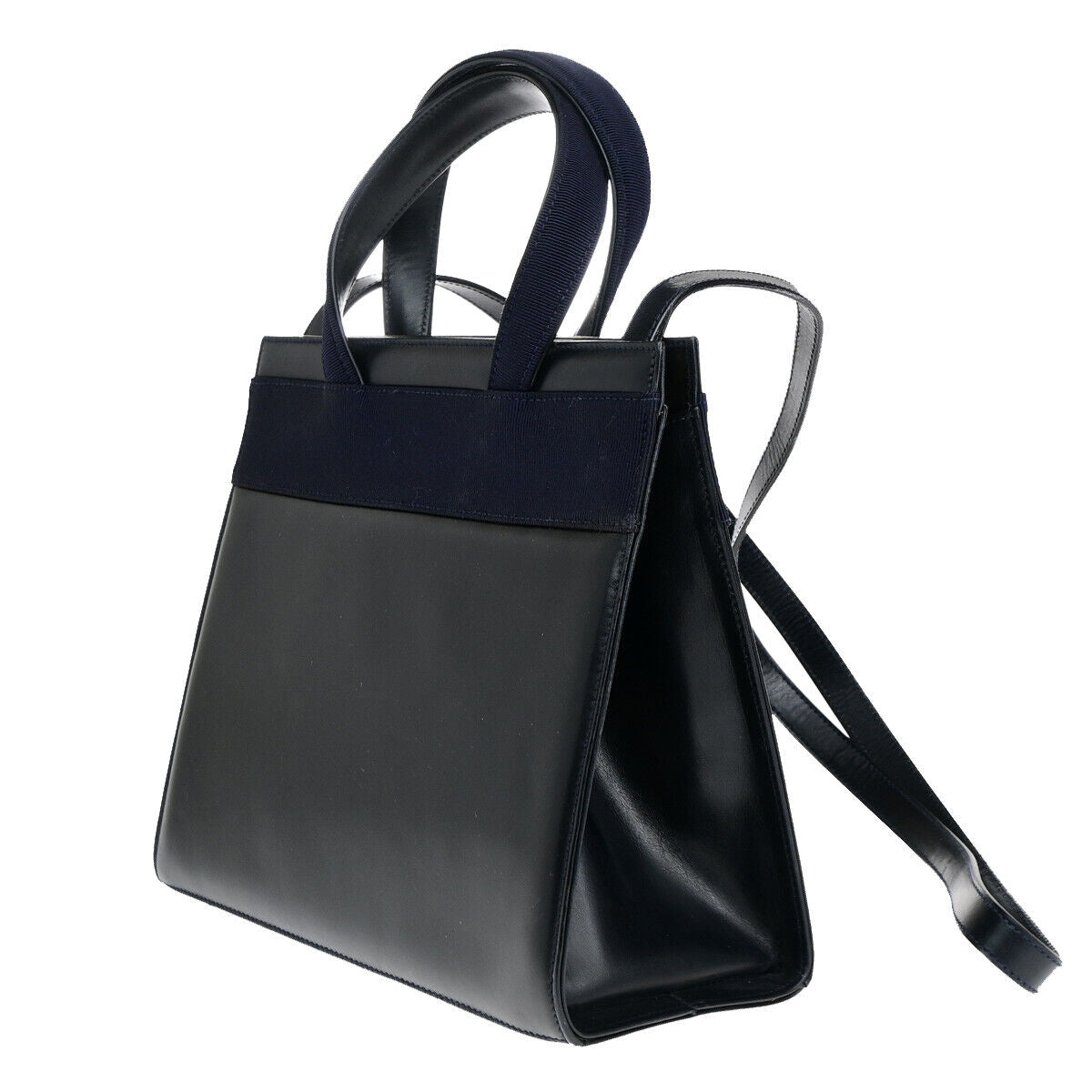SALVATORE FERRAGAMO Vara Hand Bag Canvas Leather Navy Blue GHW Italy 37YF210