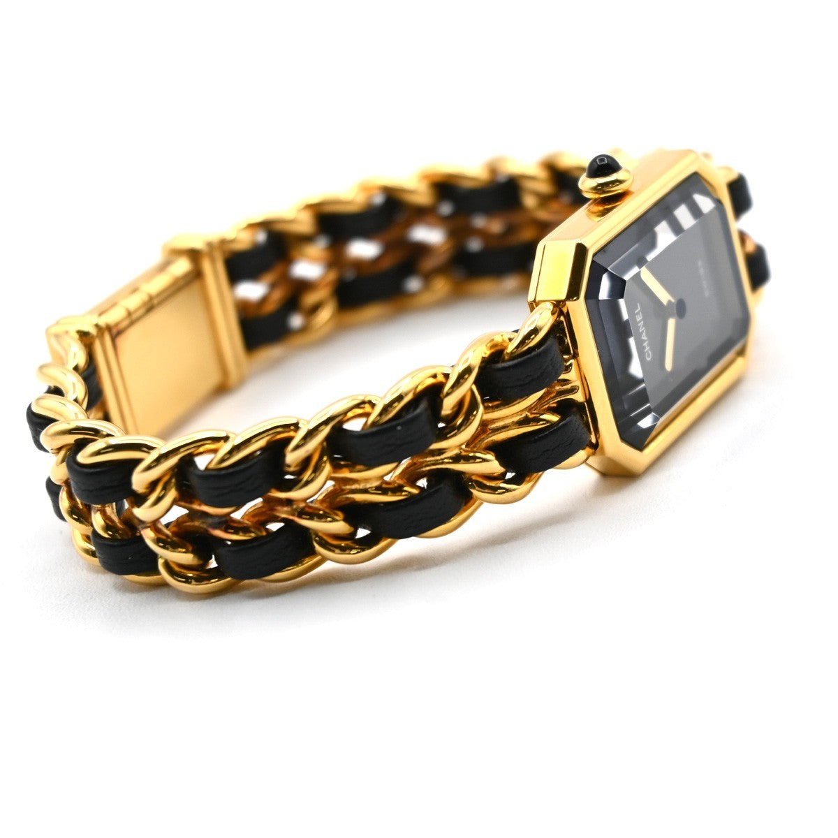 CHANEL Logo Premiere Watch M Size Quartz Gold Plated Leather Swiss Made 620LC637