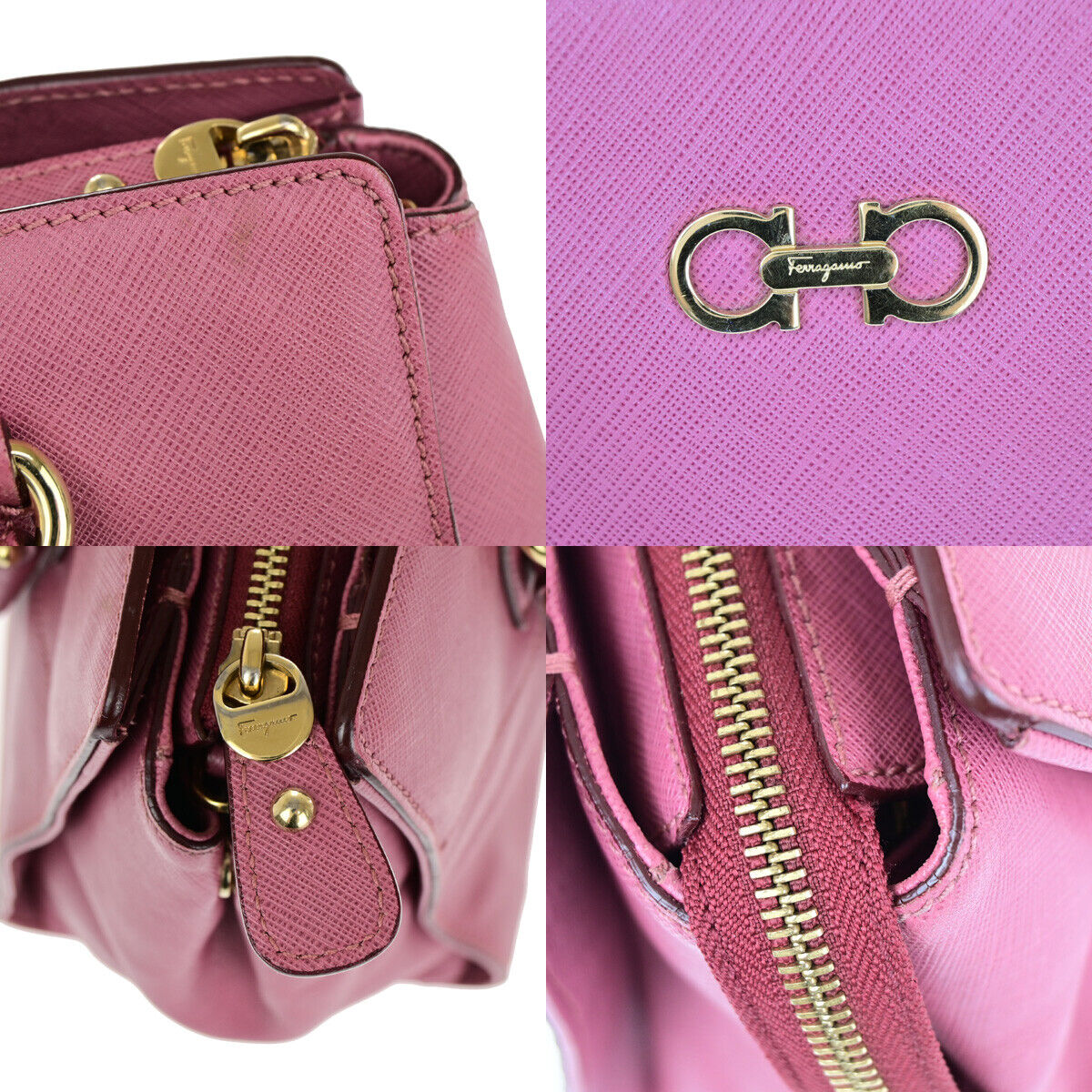SALVATORE FERRAGAMO Logo Gancini Hand Bag PVC Leather Pink Gold Italy 67YE701