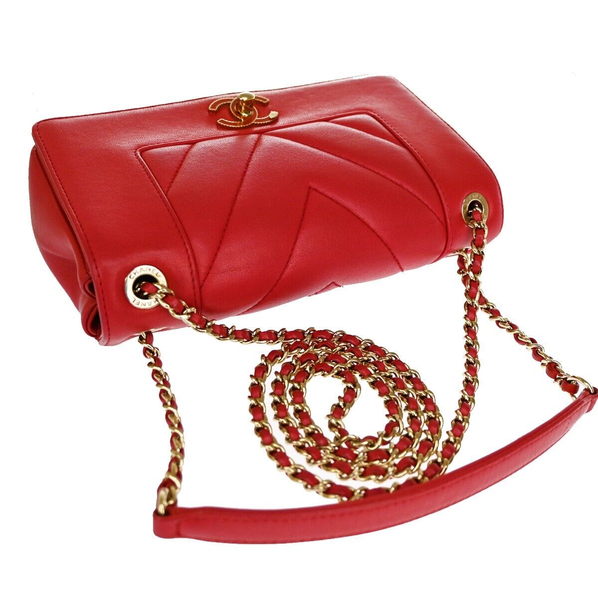 CHANEL CC Logo V Stitch Double Flap Chain Shoulder Bag Leather Red GHW 804RJ284