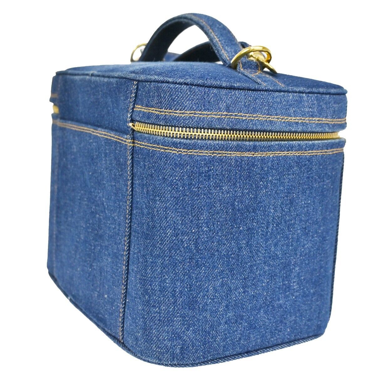 CHANEL CC Logo 2Way Shoulder Hand Vanity Bag Denim Leather Blue Vintage 744RH823