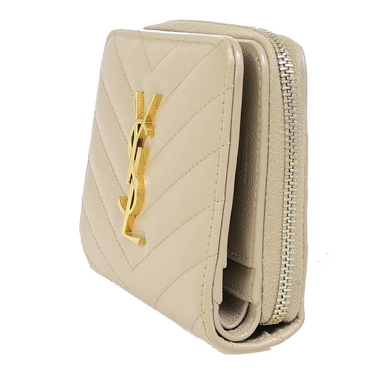SAINT LAURENT YSL Logo Compact Bifold Wallet Purse Leather Beige GHW 38EC602