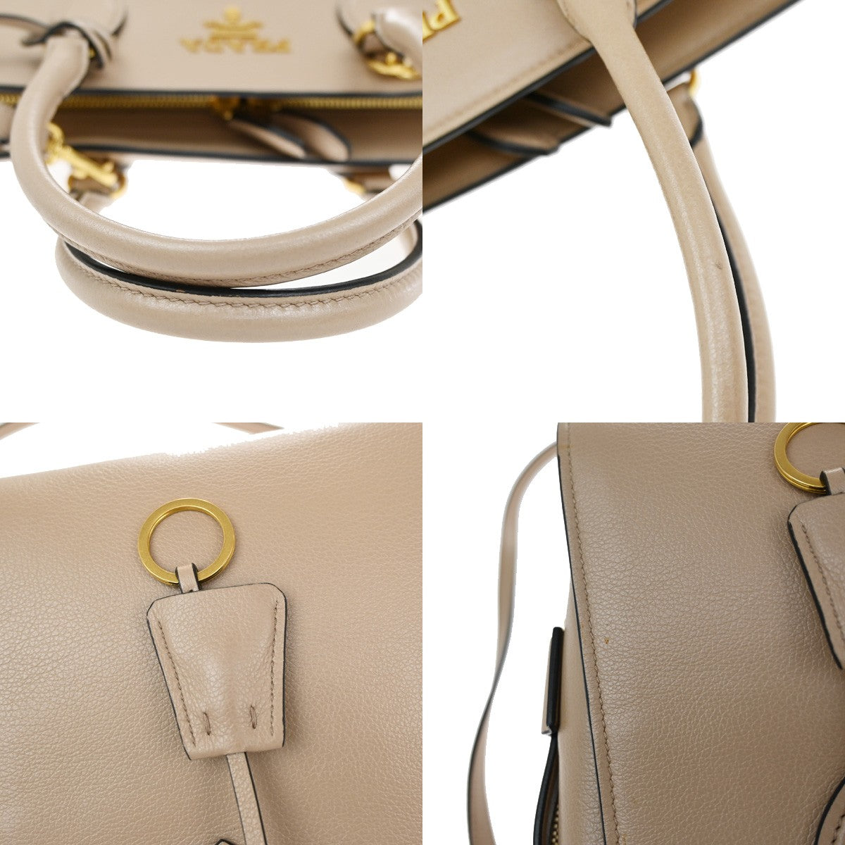 PRADA Logo 2Way Shoulder Hand Bag Leather Charm Beige GHW 636KB360