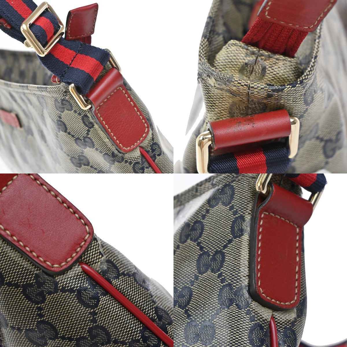 GUCCI GG Pattern Crystal Shoulder Bag Coating Canvas Leather Blue Red 88KP239