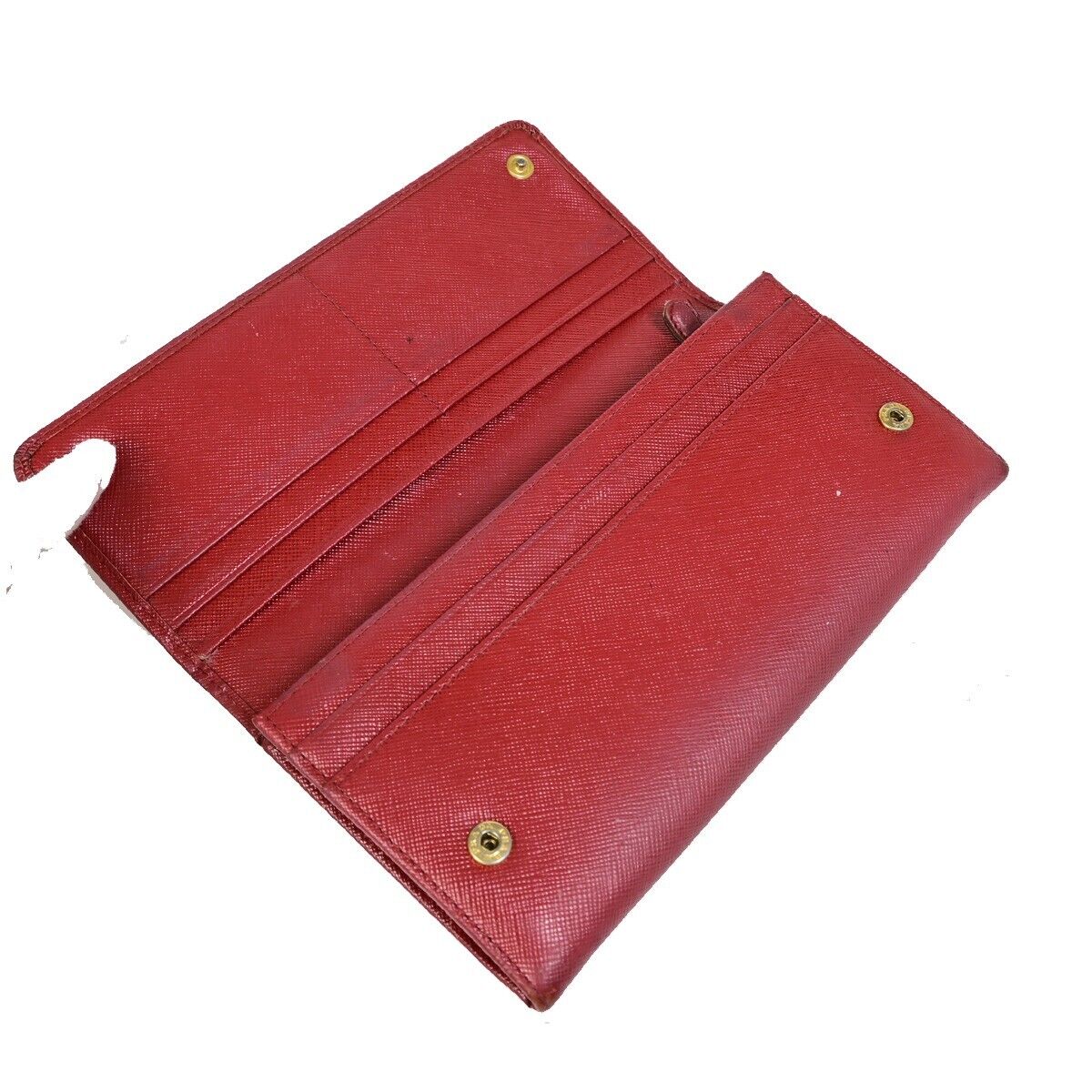 PRADA Logo Bifold Long Zipper Bifold Wallet Saffiano Leather Red Gold 03EB369