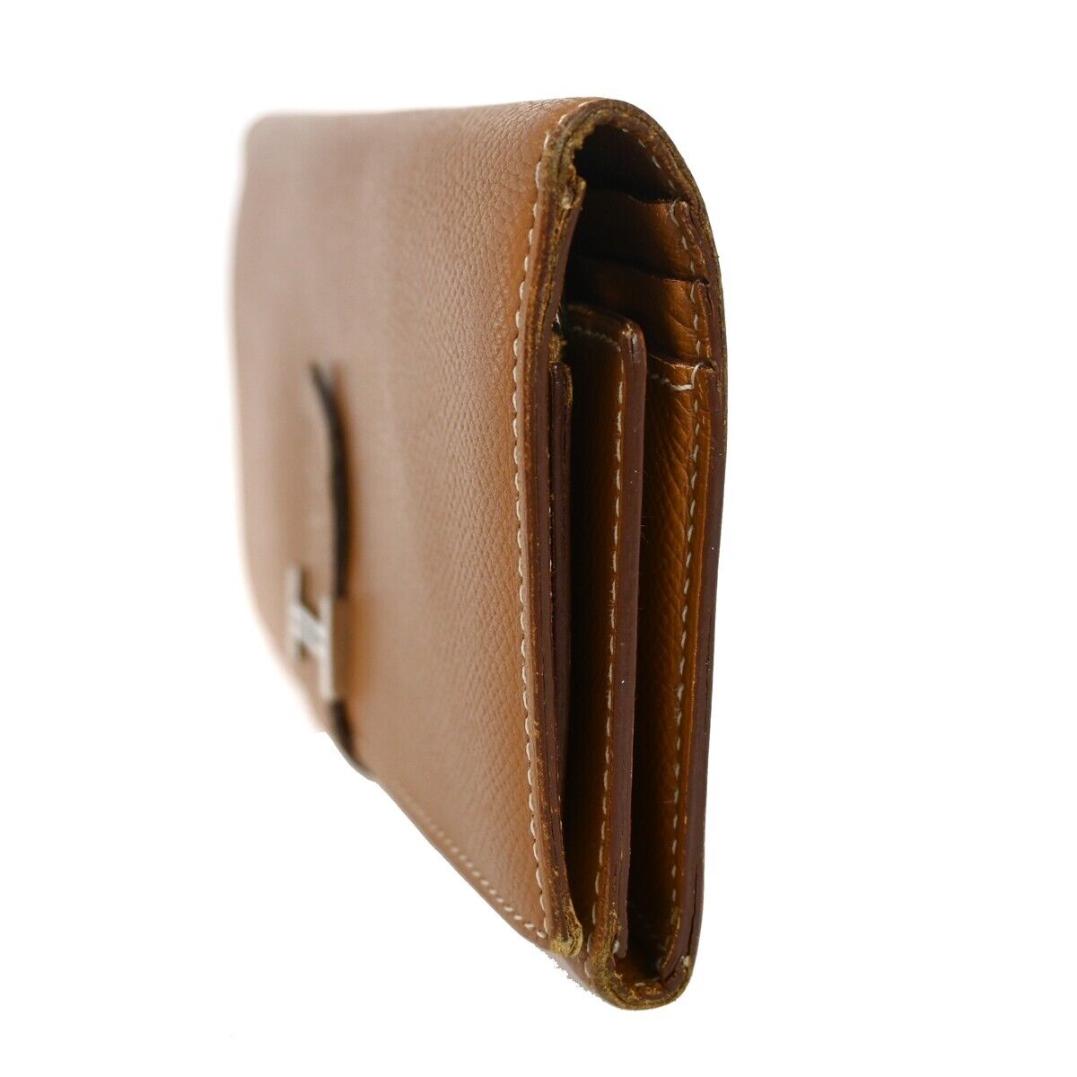 HERMES Logo Bearn Long Trifold Wallet Purse Chevre Leather Brown France 36GA820