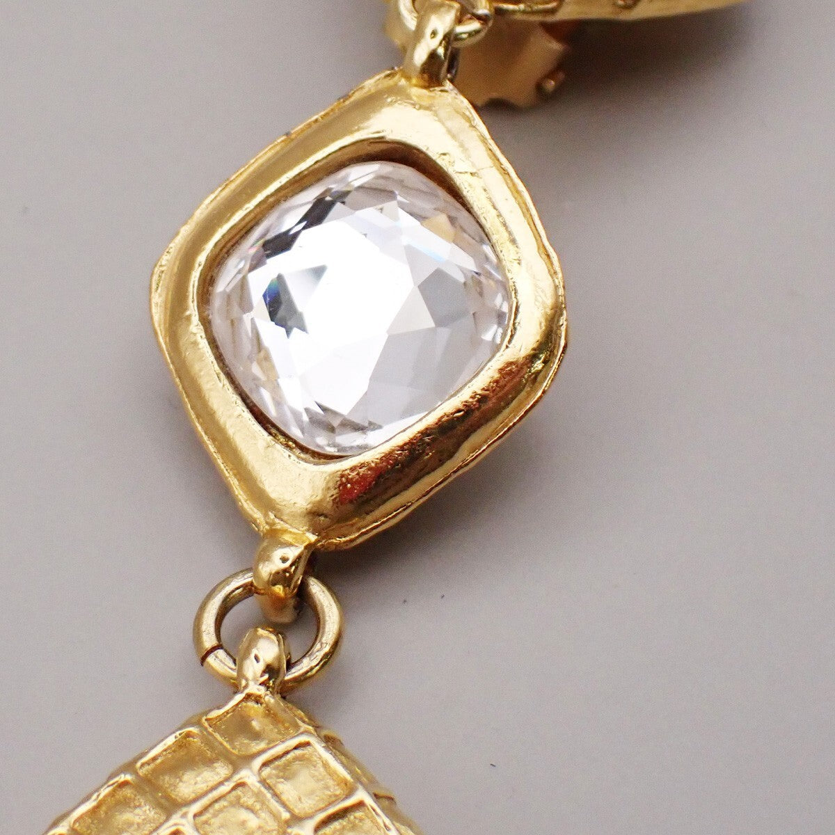 CHANEL Matelasse Diamond Shape Drop Earrings Rhinestone Clip-On Gold 73RL067