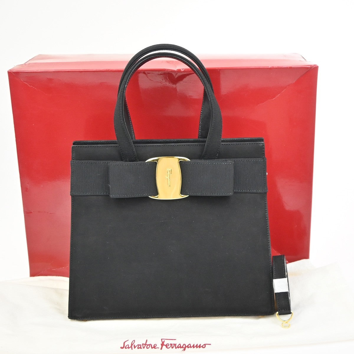 SALVATORE FERRAGAMO 2way Vara Hand Bag Canvas Suede Leather Black GHW 80ZA208