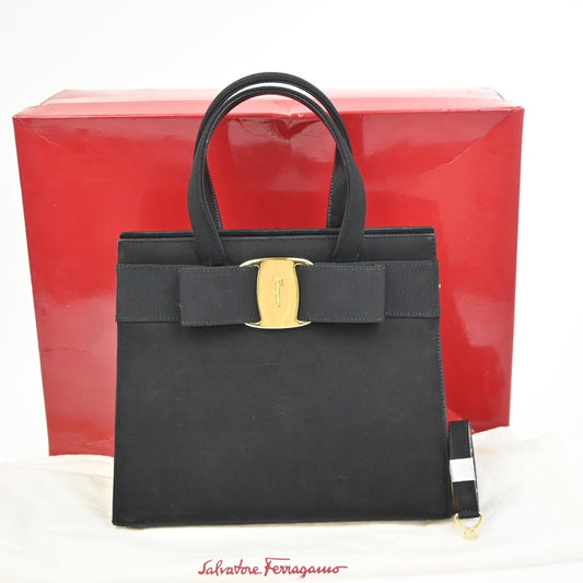 SALVATORE FERRAGAMO 2way Vara Hand Bag Canvas Suede Leather Black GHW 80ZA208